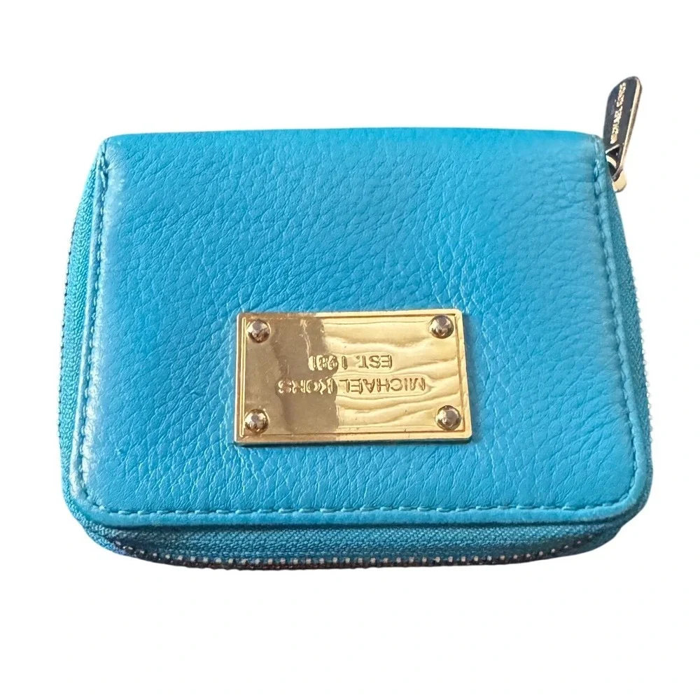 Michael Kors Turquoise Pebbled Leather Small Zip Around Wallet 35T1GT7F1L 4x4x1